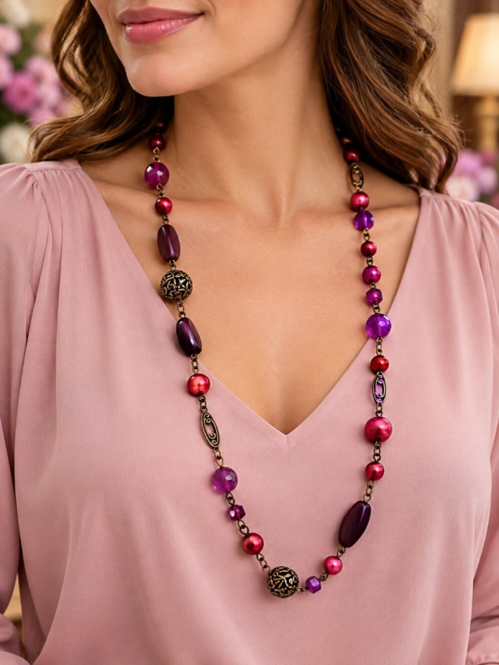 Chico's Gorgeous Raspberry Bronze Vintage Multicolor Beaded Metal Long Necklace